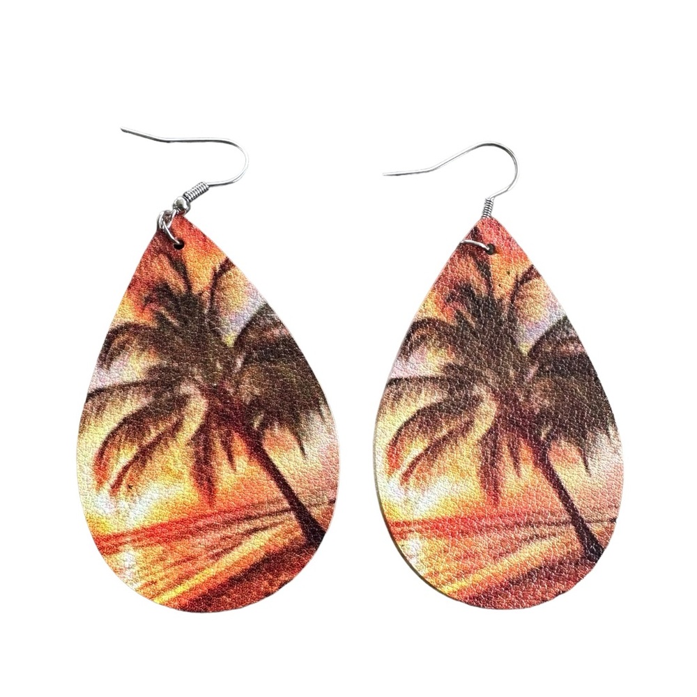 Leather Ocean Beach Scene with Palm Tree Drop Earrings